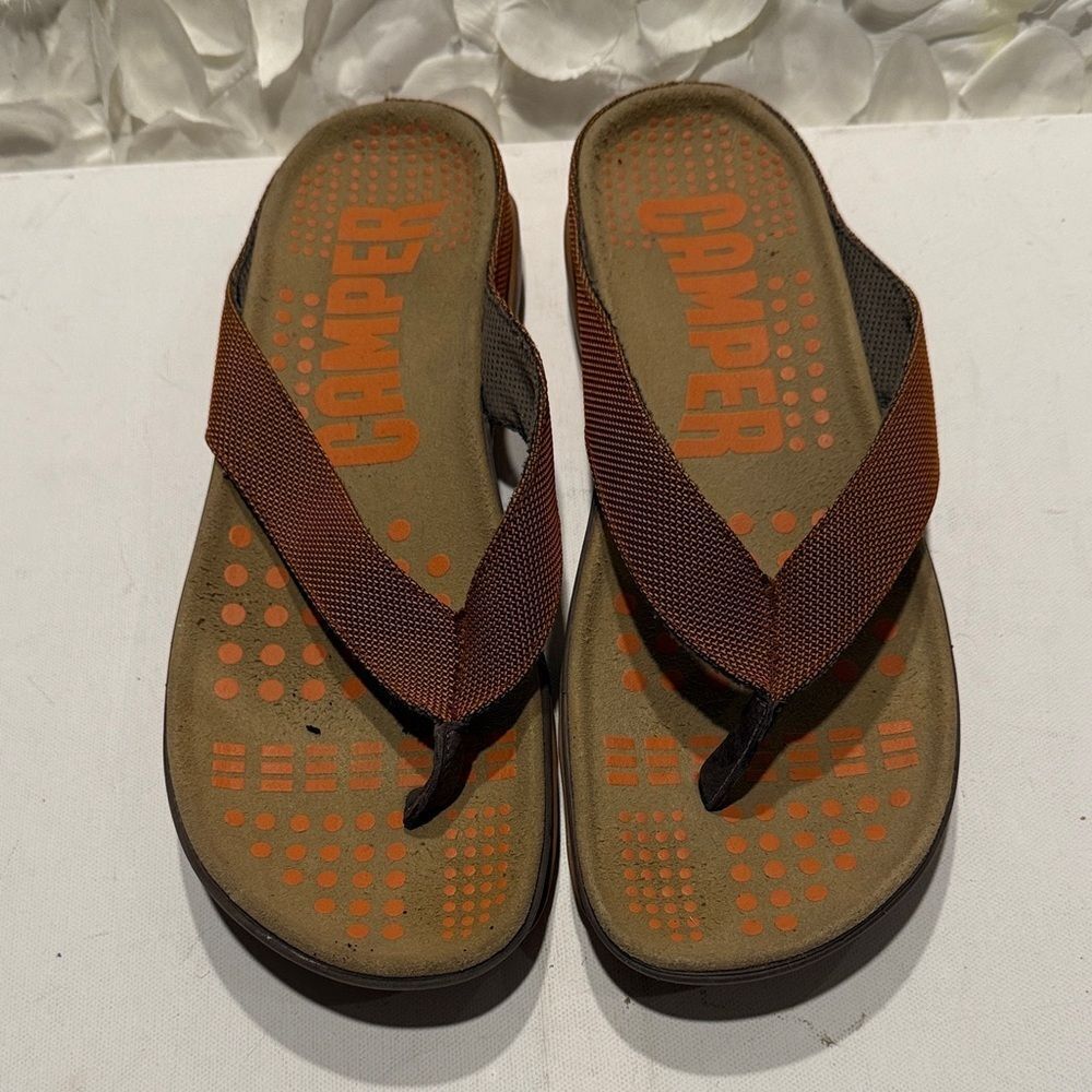 Camper Dual-Tone Flip Flops in Orange and Brown